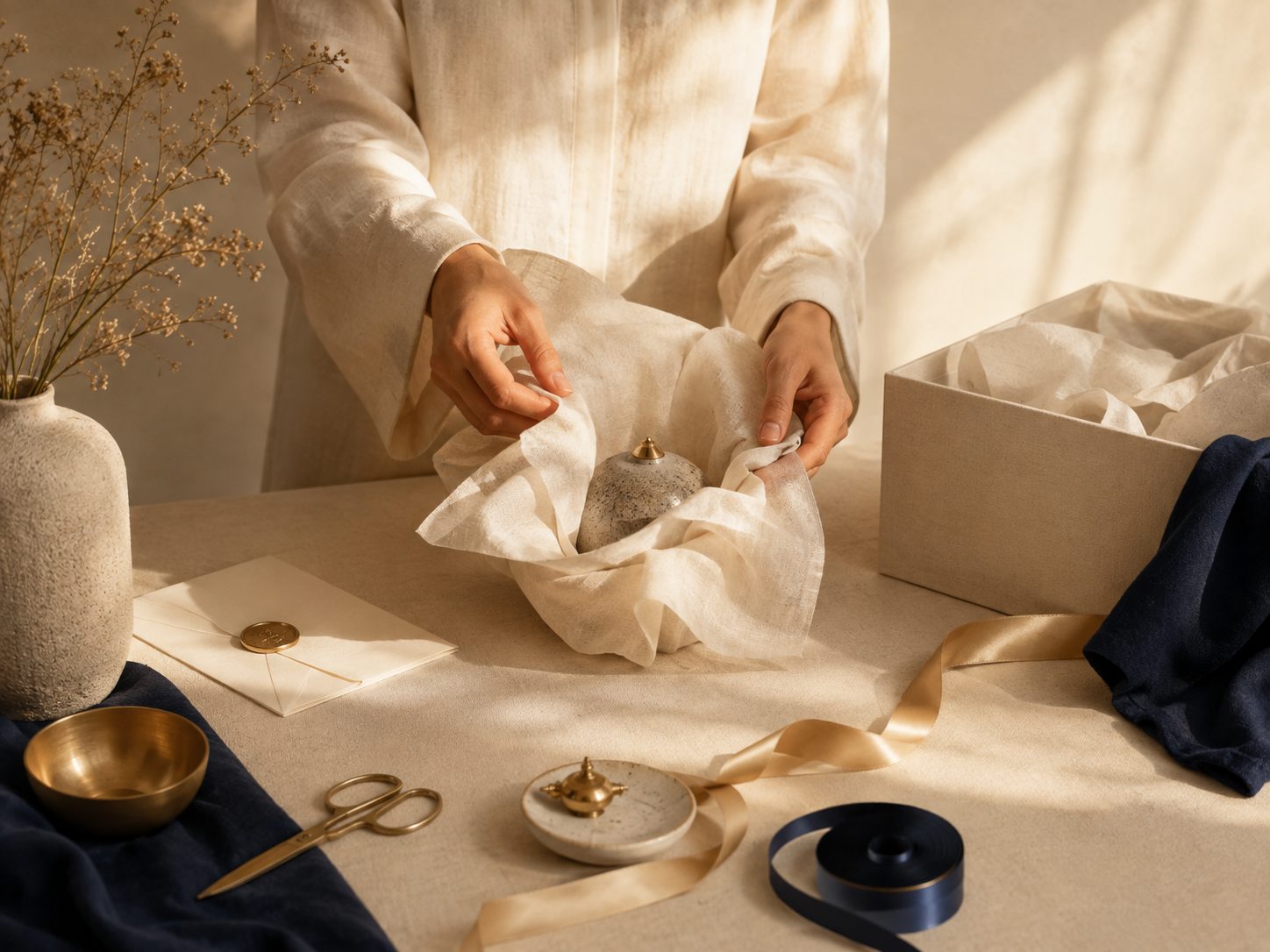リネンで品物を包む手元